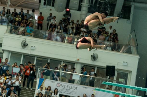 中国跳水「梦之队」成员为观众带来精彩的三米弹版跳水示范表演。